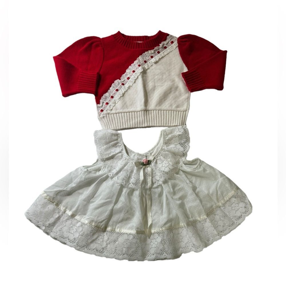 Lot of 2 vintage Baby Girl Sweater, Dress Size 12 months Red White Lace